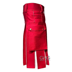 Men's Scottish Red Fashion Kilt with White Pleated Panels & Front Pocket
