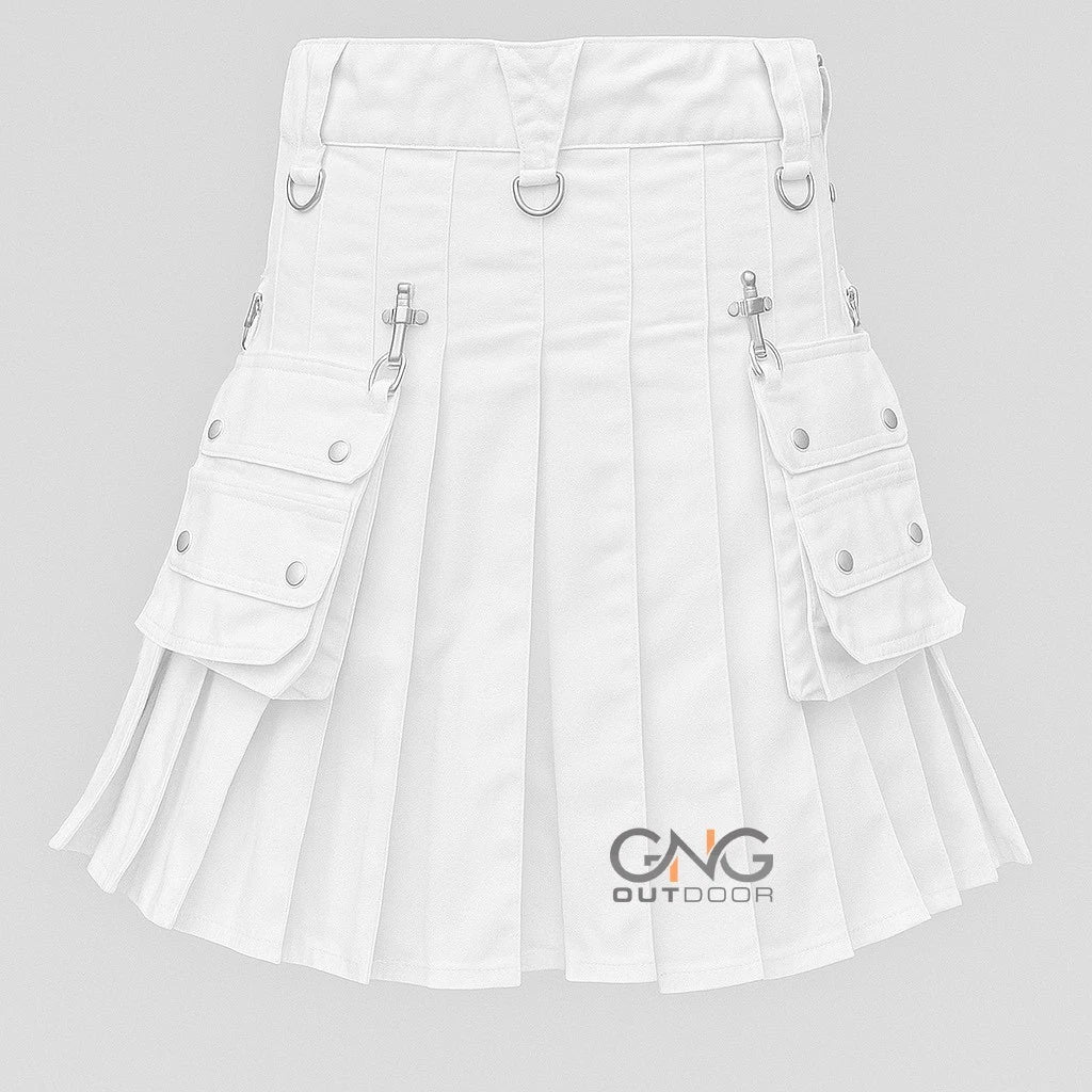 Men's White Gothic Kilt with Silver Chains, D-Rings & Pleated Design