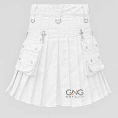 Men's White Gothic Kilt with Silver Chains, D-Rings & Pleated Design