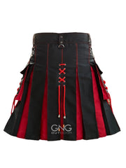 Men’s Black & Red Modern Utility Kilt with Decorative Lacing and Cargo Pocket