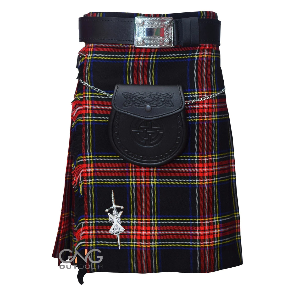 Men's Black Stewart Tartan Kilt 5 Yard – 5 Piece Scottish Highland Wedding Kilt Outfit Set