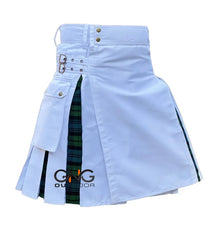 Men’s White Modern Utility Kilt with Green Tartan Pleated Panels
