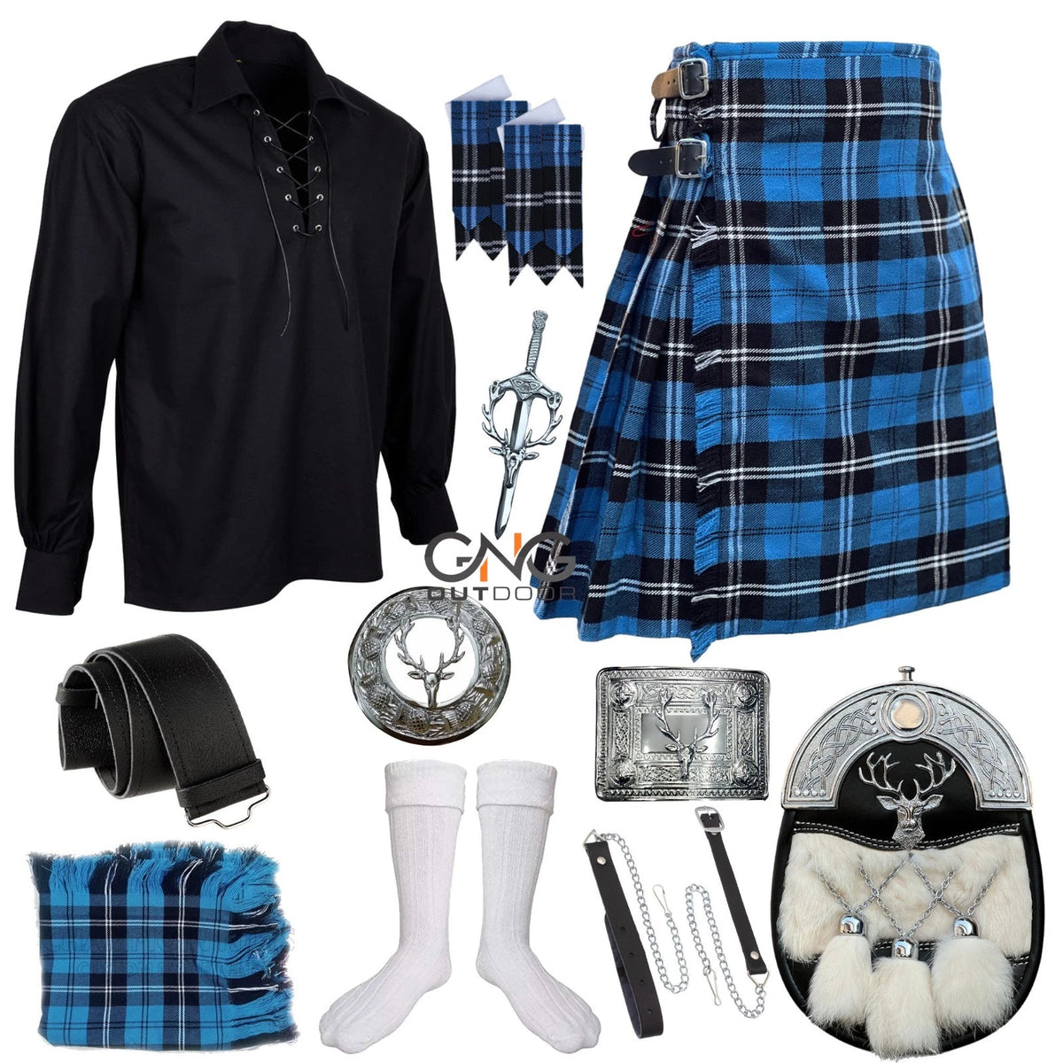 Men's 10-Piece Complete Kilt Outfit | Stag Head Sporran & Blue Tartan Set