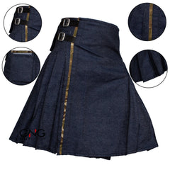 Men's Scottish Denim Hybrid Kilt | Blue Fashion Sports Kilt with Camouflage Pleat