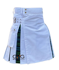 Men’s White Modern Utility Kilt with Green Tartan Pleated Panels
