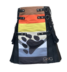 Men's Black Utility Kilt with Color Block Bear Paw Design, Chains & Adjustable Straps