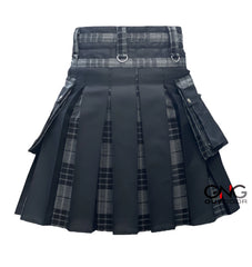 Men's Scottish Grey Tartan Front Apron Utility Kilt | Black Pleats & Gothic Silver Chains
