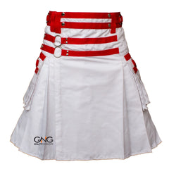 Men’s White & Red Strap Utility Kilt – Scottish Modern Fashion Highland Kilt