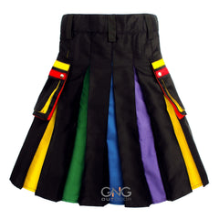 Men's Rainbow Pride Kilt | Black Scottish Utility Kilt with Multi-Color Stripes