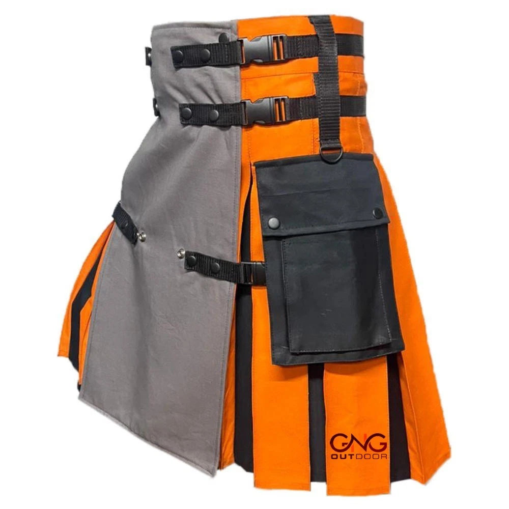 Men's Grey & Orange Tactical Utility Kilt with Cargo Pocket – Modern Highland Style