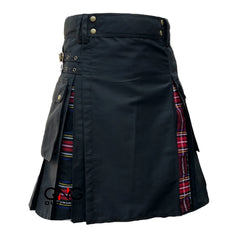 Men’s Black Stewart Tartan Gothic Utility Kilt | Scottish Pleated Cargo Kilt 28–62