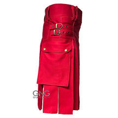 Men's Scottish Red Fashion Kilt with White Pleated Panels & Front Pocket
