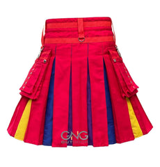 Men's Red Rainbow Hybrid Utility Kilt – Pride LGBT Modern Scottish Kilt with Cargo Pocket & Adjustable Straps