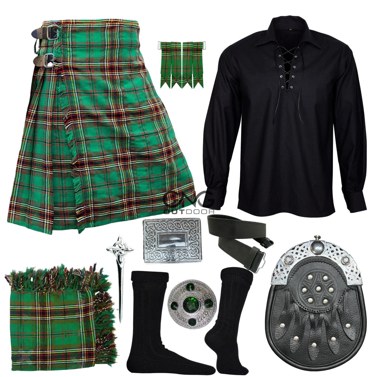Men's 10-Piece Complete Kilt Outfit | Leather Sporran & Green Tartan Set
