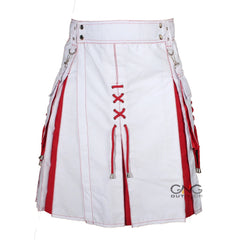 Men's Scottish White Utility Kilt Red Lace Detail Highland Modern Fashion Kilt