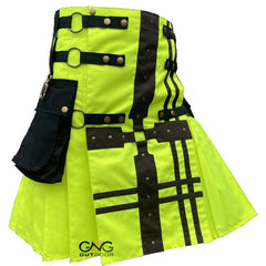 Men's Scottish Lime Green Gothic Utility Kilt | Modern Black Strap & Hardware Design