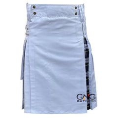 Men’s White Pleated Utility Kilt with Black & Grey Tartan Panels  Modern Highland Fashion Kilt