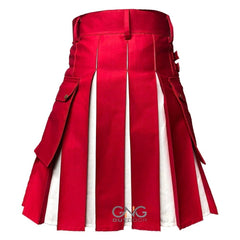 Men's Scottish Red Fashion Kilt with White Pleated Panels & Front Pocket