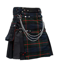 Men’s Scottish Gothic Tartan Kilt – Black & Green Hybrid Utility Kilt with Chains
