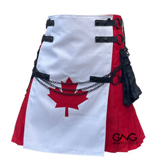 Men's Patriotic Canadian Flag Utility Kilt | Red & White Modern Fashion Chain Kilt