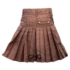 Men's Brown Scottish Utility Kilt Highland Cargo Fashion Kilt with Buckle Straps & Pocket Details