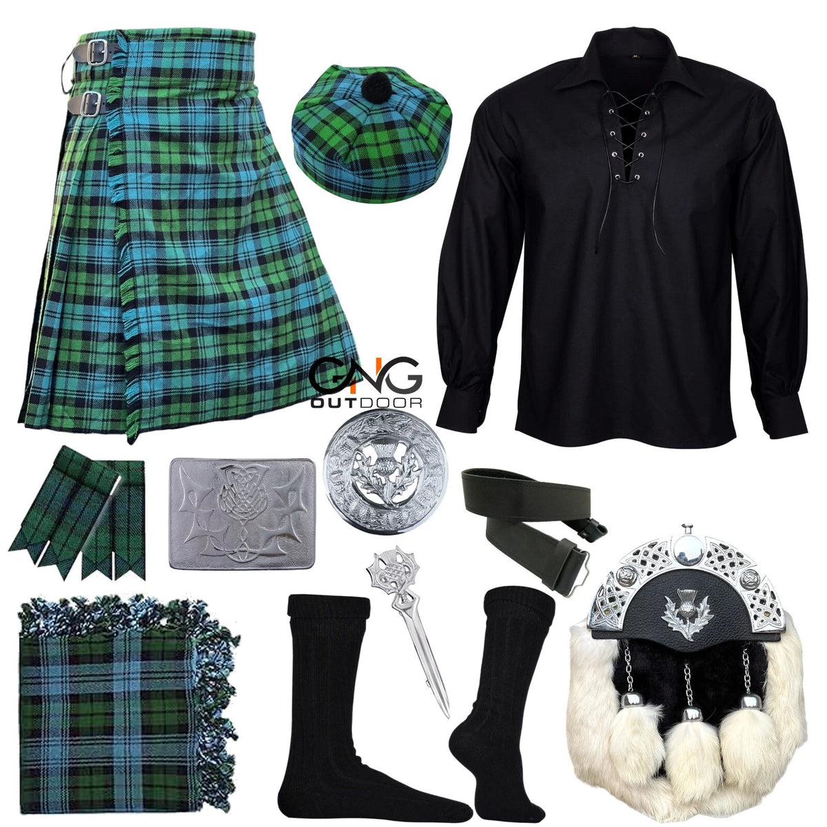 Men's 11-Piece Complete Kilt Outfit Full Dress Tartan Set with Hat & Fur Sporran