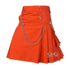 Scottish Orange Gothic Tactical Kilt with Chain Details & D-Ring Straps for Men 28" - 62"