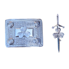 Men's Scottish Shamrock Chrome Kilt Pin and Buckle