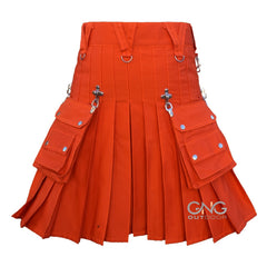 Scottish Orange Gothic Tactical Kilt with Chain Details & D-Ring Straps for Men 28" - 62"