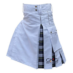 Men’s White Pleated Utility Kilt with Black & Grey Tartan Panels  Modern Highland Fashion Kilt