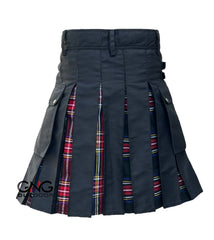 Men’s Black Stewart Tartan Gothic Utility Kilt | Scottish Pleated Cargo Kilt 28–62