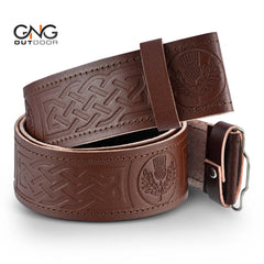 Men's Scottish Thistle Embossed Brown Leather Kilt Belt and Buckle