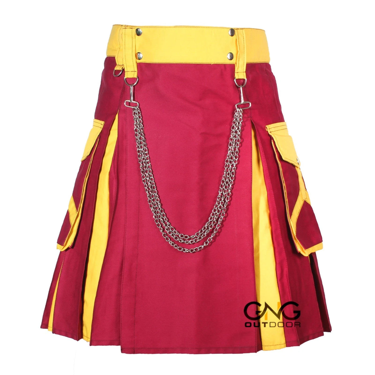 Men’s Maroon & Gold Utility Kilt with Cargo Pockets and Chain Details