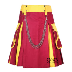 Men’s Maroon & Gold Utility Kilt with Cargo Pockets and Chain Details