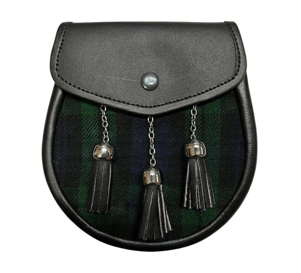 Men's Scottish Black Watch Tartan Leather Sporran | With Chain Strap