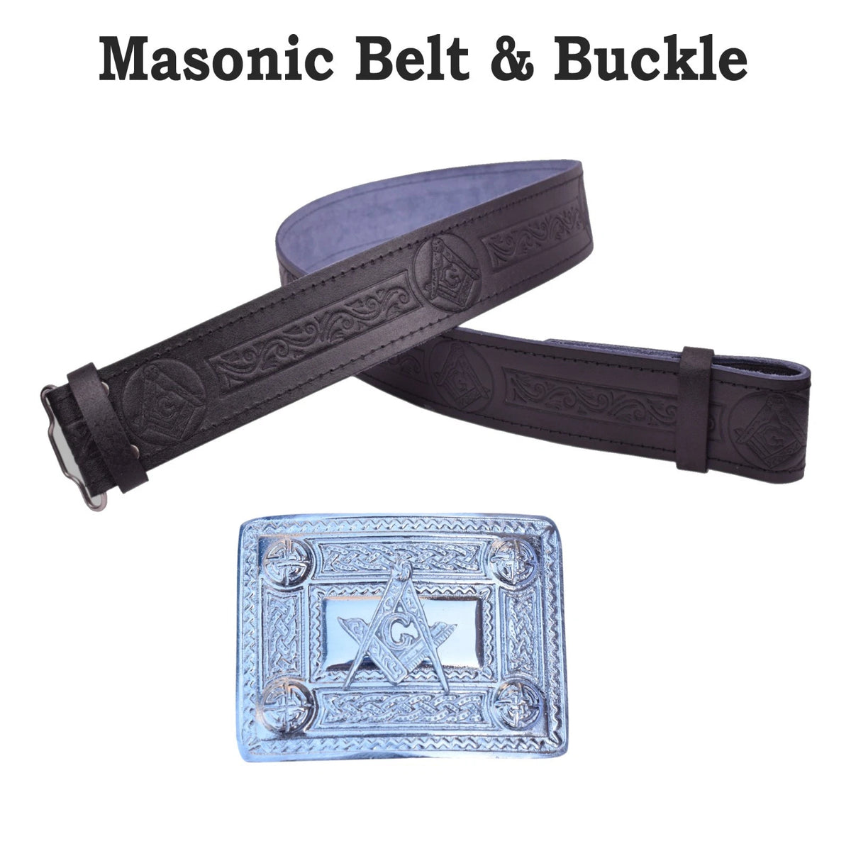 Men's Black Masonic Embossed Kilt Belt and Buckle Adjustable Size Belt