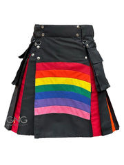 Men’s Black Utility Kilt with Multicolor Rainbow Apron  Modern Hybrid Festival & Fashion Kilt, Sizes 28–62