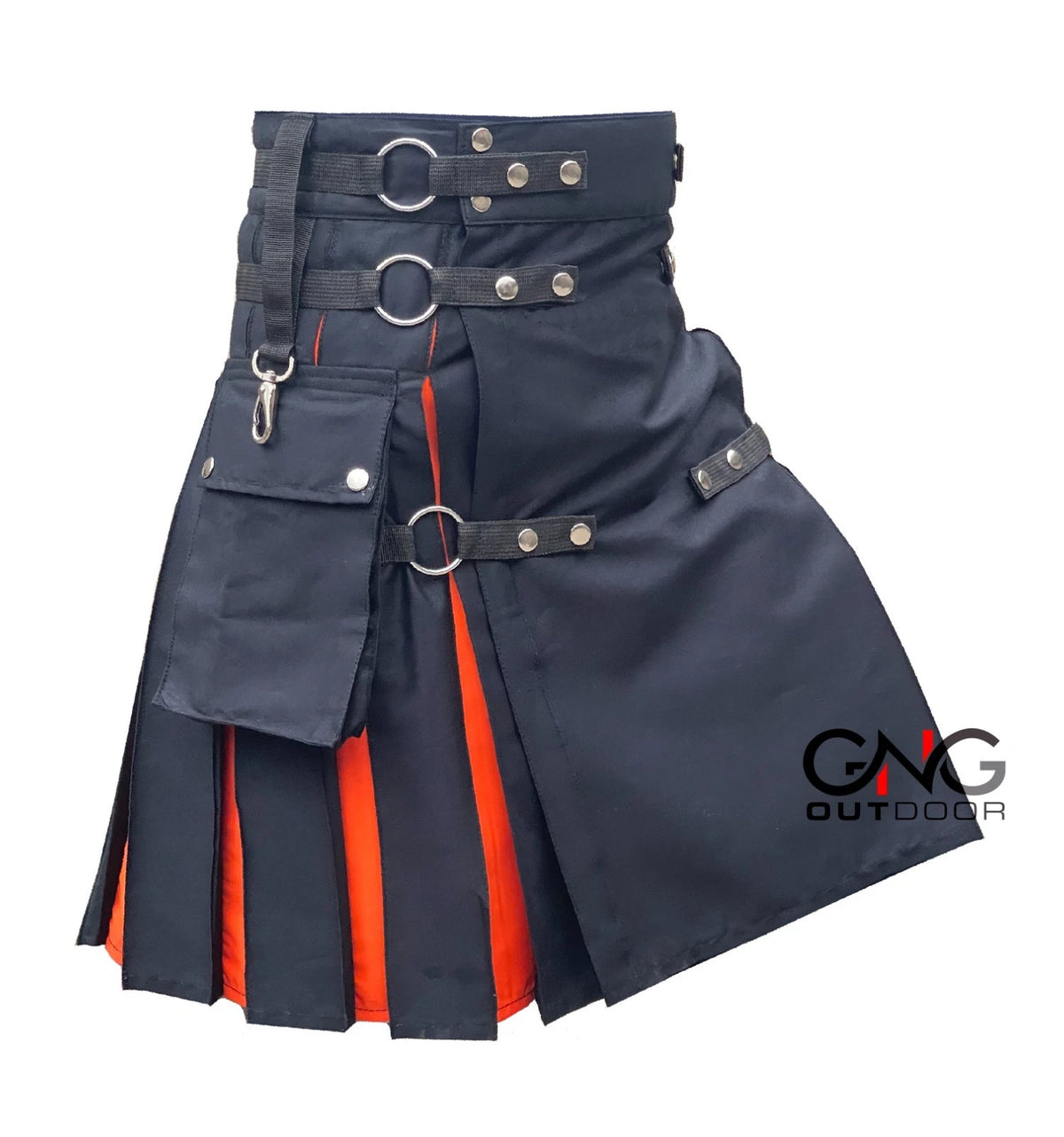 Men's Scottish Black & Orange Hybrid Utility Kilt | Modern Fashion Cargo Kilt