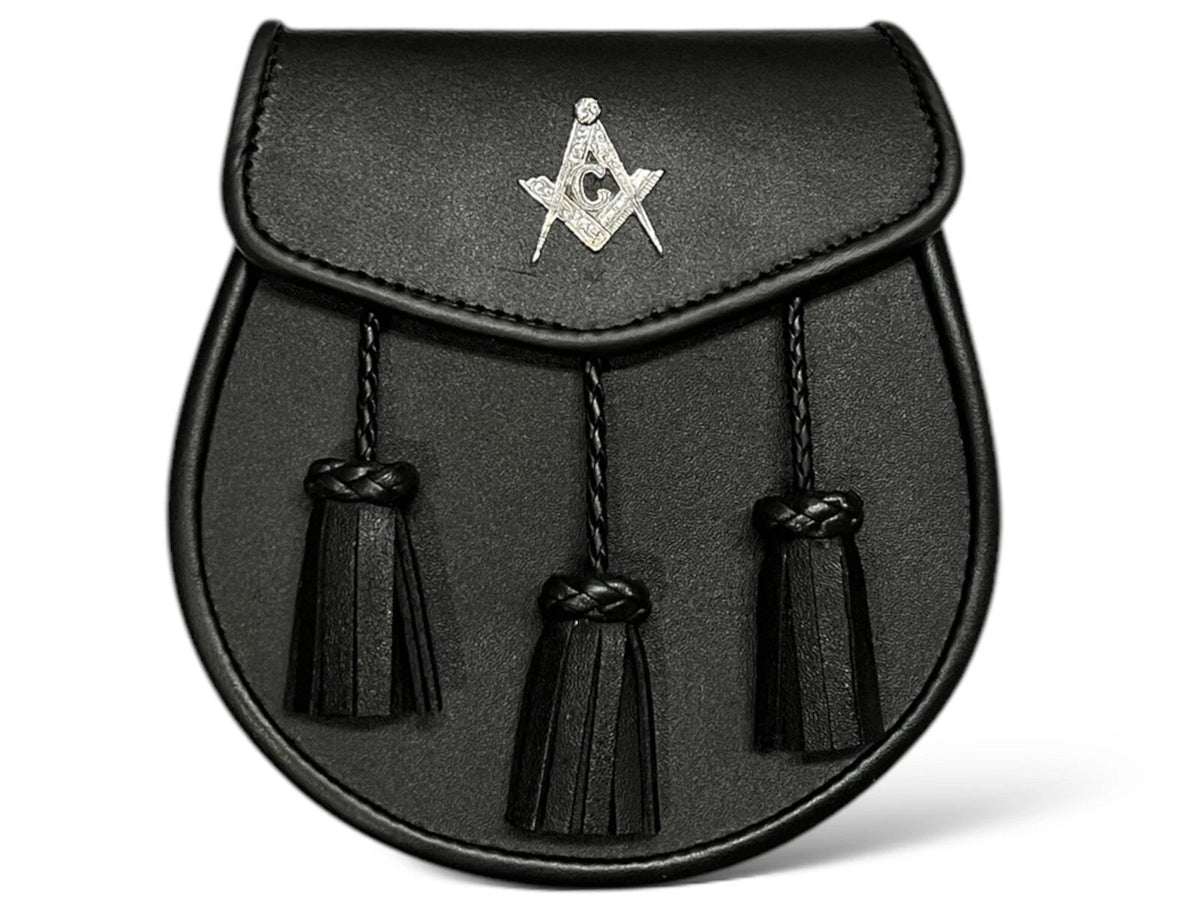 Men's Black Leather Masonic Badge kilt Sporran | 3 Tassels With Chain Strap.