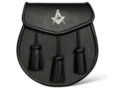 Men's Black Leather Masonic Badge kilt Sporran | 3 Tassels With Chain Strap.