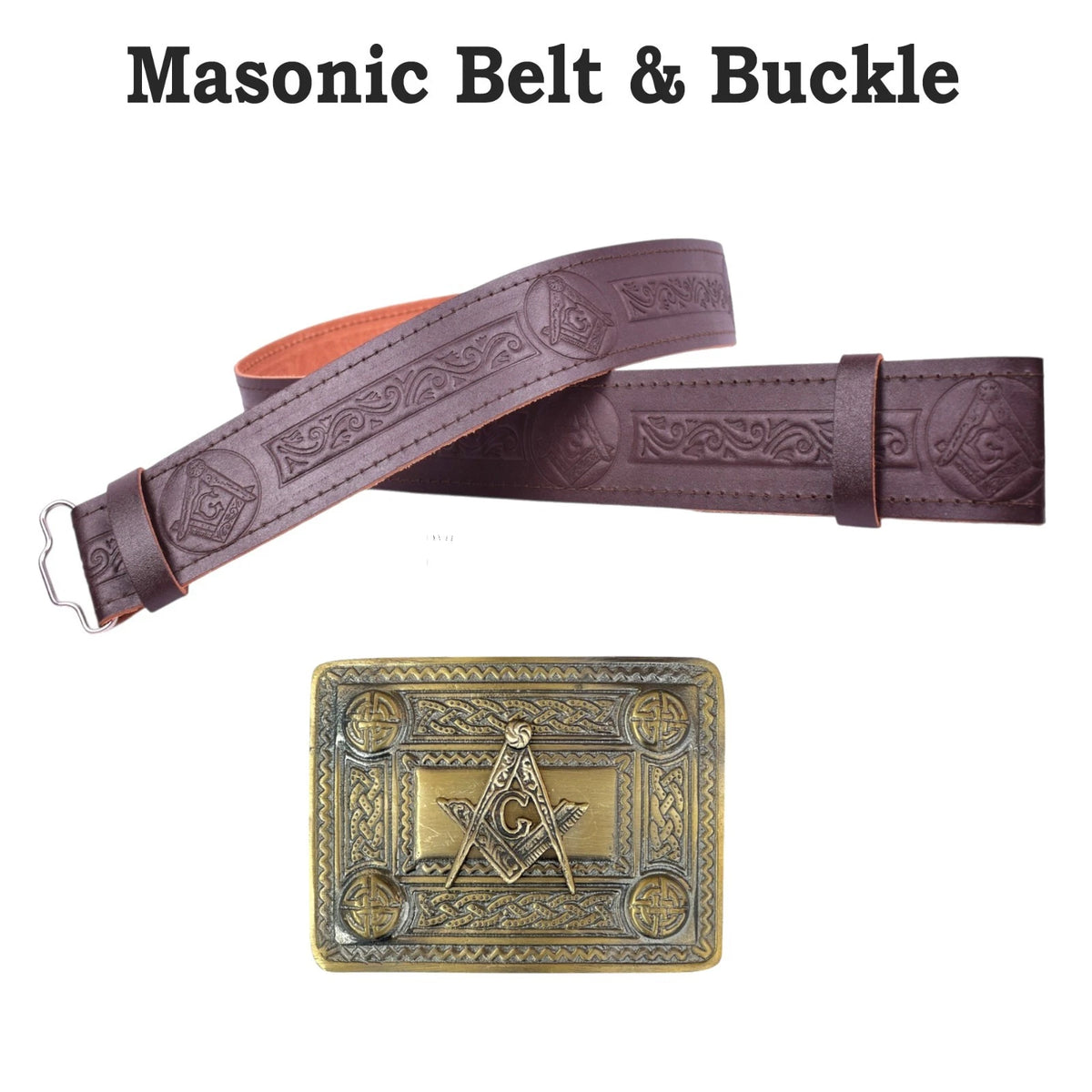 Men's Brown Masonic Embossed Kilt Belt and Buckle Adjustable Size Belt