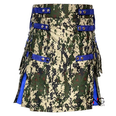 Men's Scottish Camo Cotton Utility Kilt | Blue Pleated Tactical Hybrid