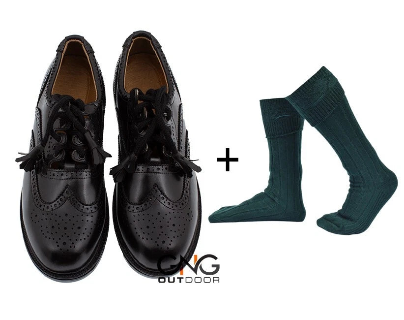 Scottish Men's Black Leather Ghillie Brogues Kilt Shoes with Green Socks