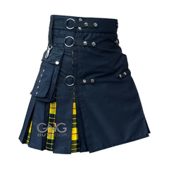 Men's Navy Blue Utility Kilt with Tartan Pleats, Cargo Pockets & Strap Details